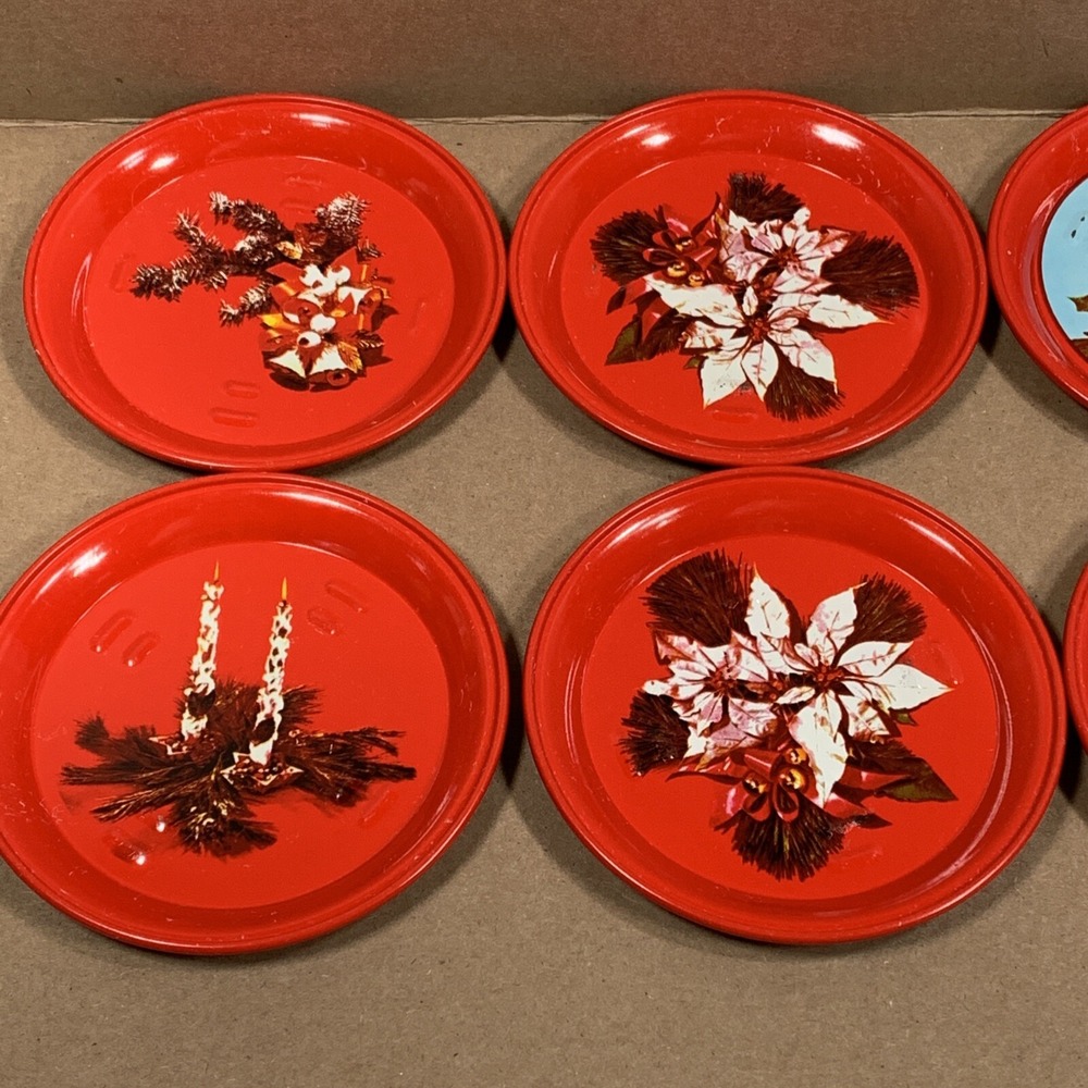 Vintage Christmas Coasters Set of 8 Red Holiday Poinsettia Candle Decor 1970s - Picture 5 of 11